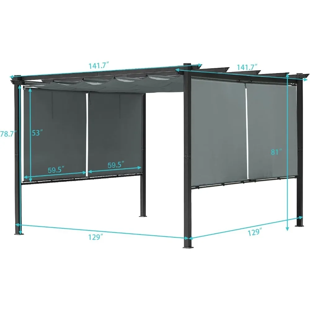 12x12FT Outdoor Pergola,with Retractable Shade Canopy, Dark Gray Matte Aluminum Frame,Roller Shade Curtain,Grape Trellis Pergola