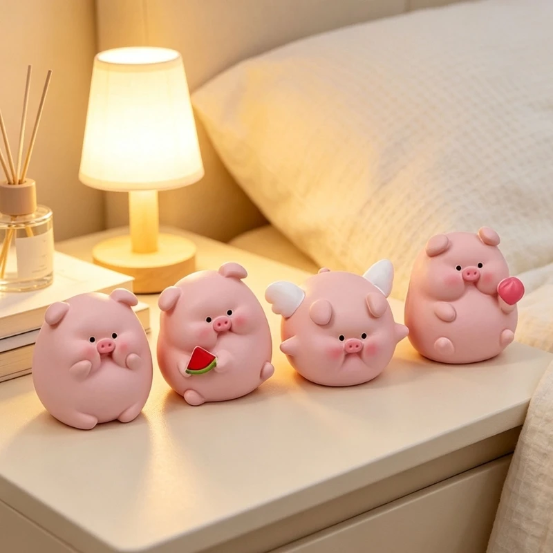 Mini Pig Figurine Set for Car Dashboard Display, 4 Resin Pig Figures with Rounded Character for Desk Shelf and H9EE