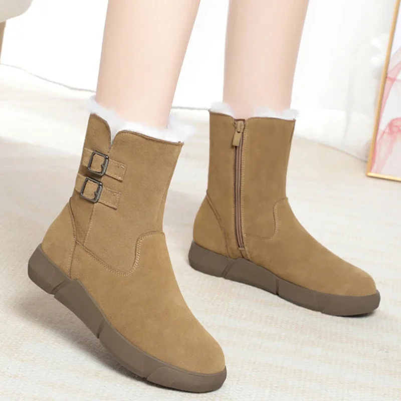 Female Shoes on Sale 2023 Zipper Women\'s Boots Winter Round Toe Solid Flock Plush Warm Short Barrel Low-heeled Casual Snow Boots