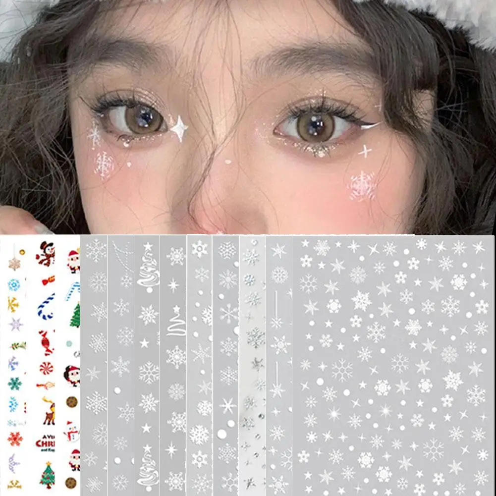 Pegatina de copo de nieve de cara de Navidad 5D, copo de nieve blanco, tatuaje redondo, pegatinas de sombra de ojos para Festival, maquillaje corporal de uñas, joya ostentosa DIY