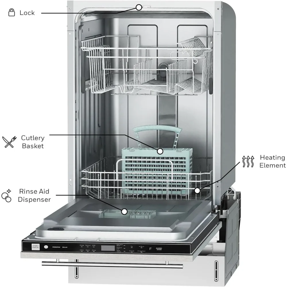 Honeywell เครื่องล้างจาน18นิ้วพร้อมที่วาง8ที่, โปรแกรมซักผ้า6ชิ้น, อ่างสแตนเลส, UL/Energy Star-สแตนเลสสตีล