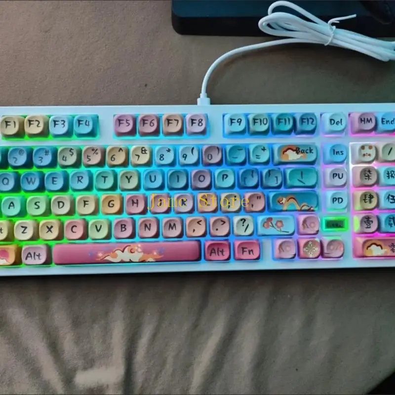 LX0B Round Dunhuang Redness Panda OQO Profile Keycaps Set 125Key PBT Dye Sub Keycaps for Keyboards