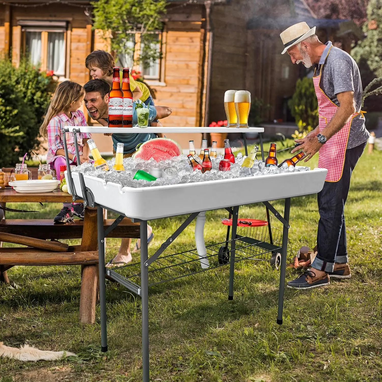 White 2 Tiers Portable Folding Ice Cooler Table With Storage Rack And Drain Hose Multipurpose Table For Camping Beach Backyard Party Wedding Event