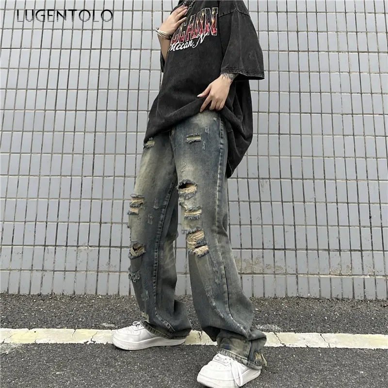 

Women Hiphop High Street Jeans Hole Vintage Ripped Do Old Loose Men Straight Leg Long Denim Washed Casual Trousers Lugentolo