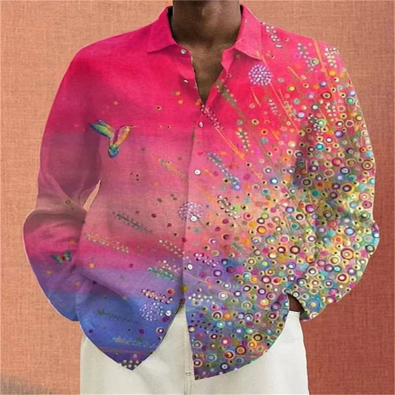 2024 New Fashion Men\'s Casual Polo Collar Long Sleeve Shirt Flame Rose Print Soft Healthy Material Tops Autumn Winter