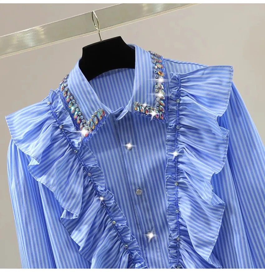 High Quality Autumn Blue Striped Ruffles Office Ladies Blouses Tops Luxury Women Lapel Diamonds Ruffles Buttons Up Loose Shirts