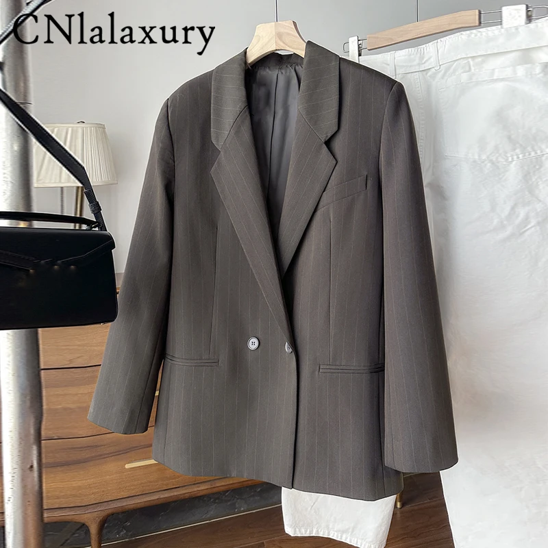 Осень 201, женский пиджак в коричневую полоску, двубортный пиджак в стиле ретро, повседневный универсальный текстурированный свободный пиджак, большой размер