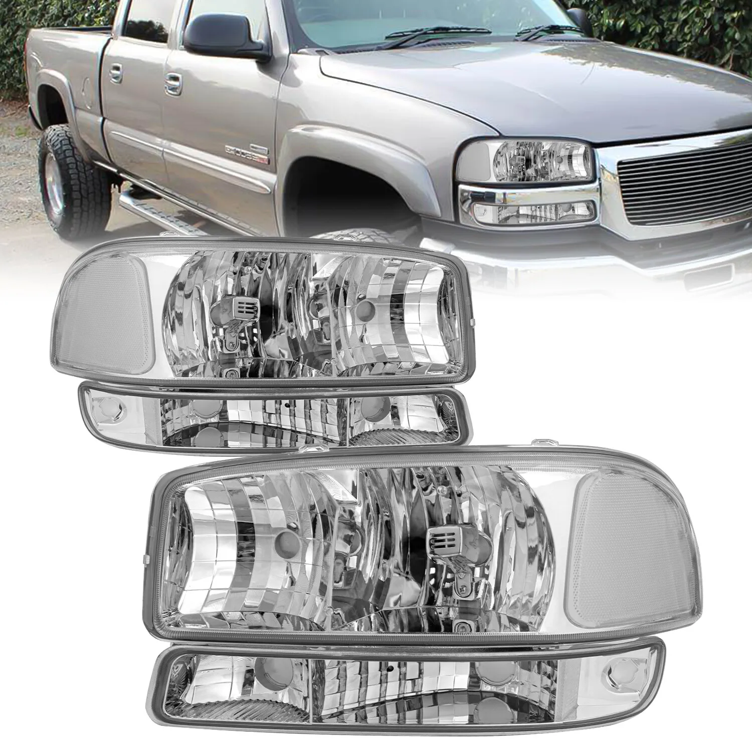 

For 1999-2006 GMC Sierra/ 00-06 Yukon 4Pcs Factory Chrome Headlights+Bumper Lamp