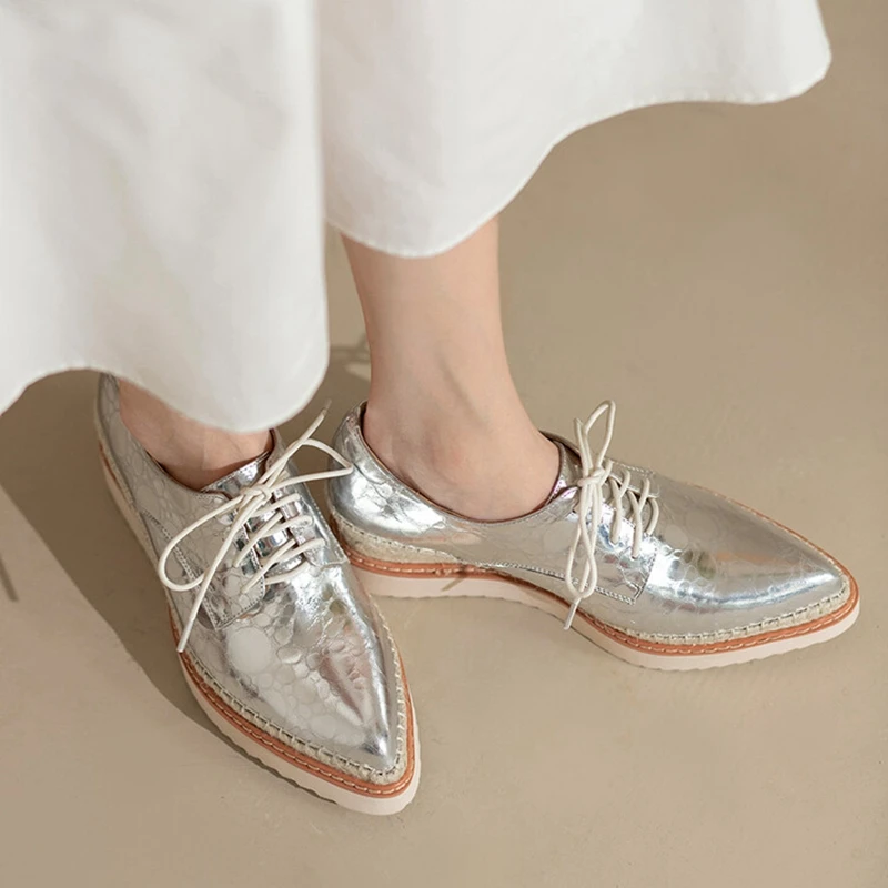 2023 Spring/Autumn Women Shoes Pointe Toe Wedges Shoes Genuine Leather Platform Women Pumps Fashion Lace-up Silver Female Shoes