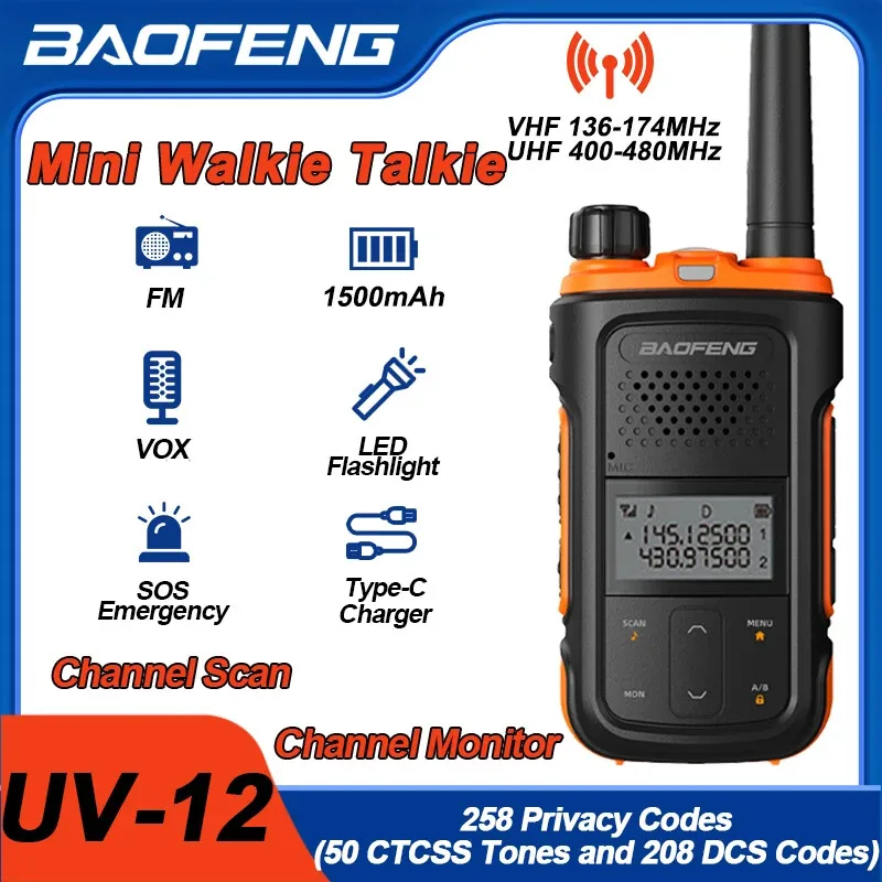 2PcsBaofeng UV12 Mini Portable Walkie Talkie HAM Radio FRS VHF UHF with LED Flashlight Keyboard LCD Screen Waterproof USB C Port
