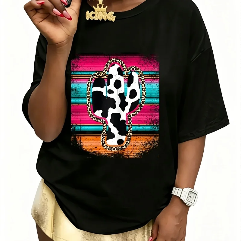 Western Leopard Serape Cow Cactus Turquoise Women's 100% Cotton T-Shirt Fun Print Short Sleeve Top Casual Round Neck Tee S-5Xl