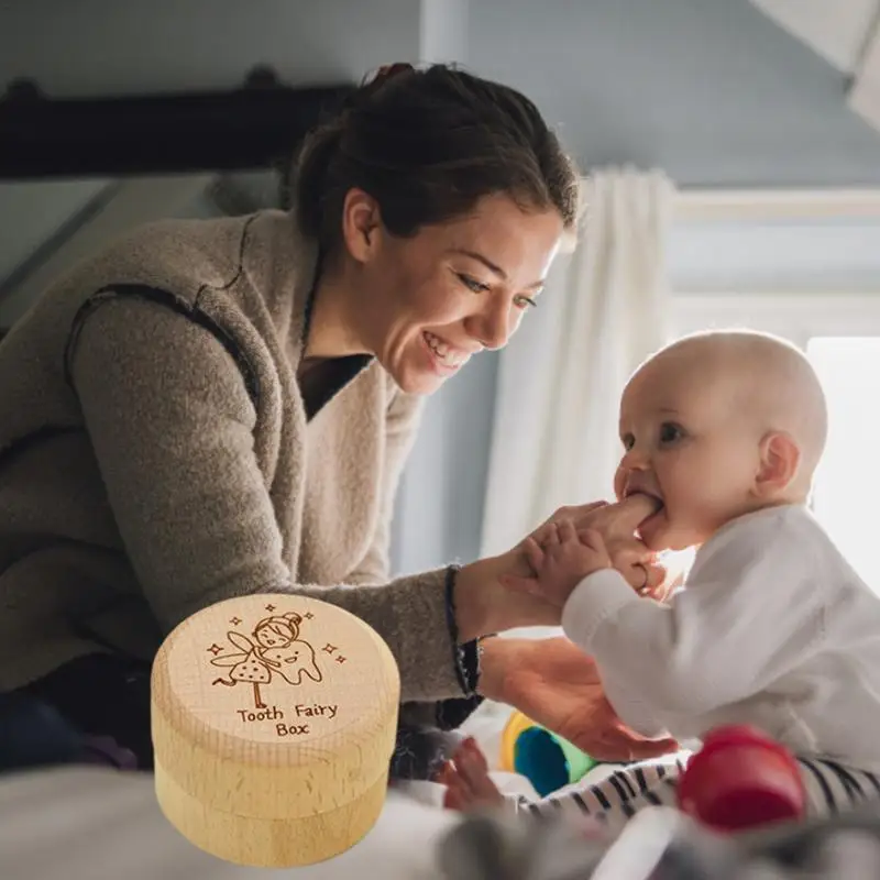 Caja de madera para recuerdo de dientes de bebé, almacenamiento de recuerdo de dientes caídos, lindo tallado, caja de cumpleaños para niño o niña