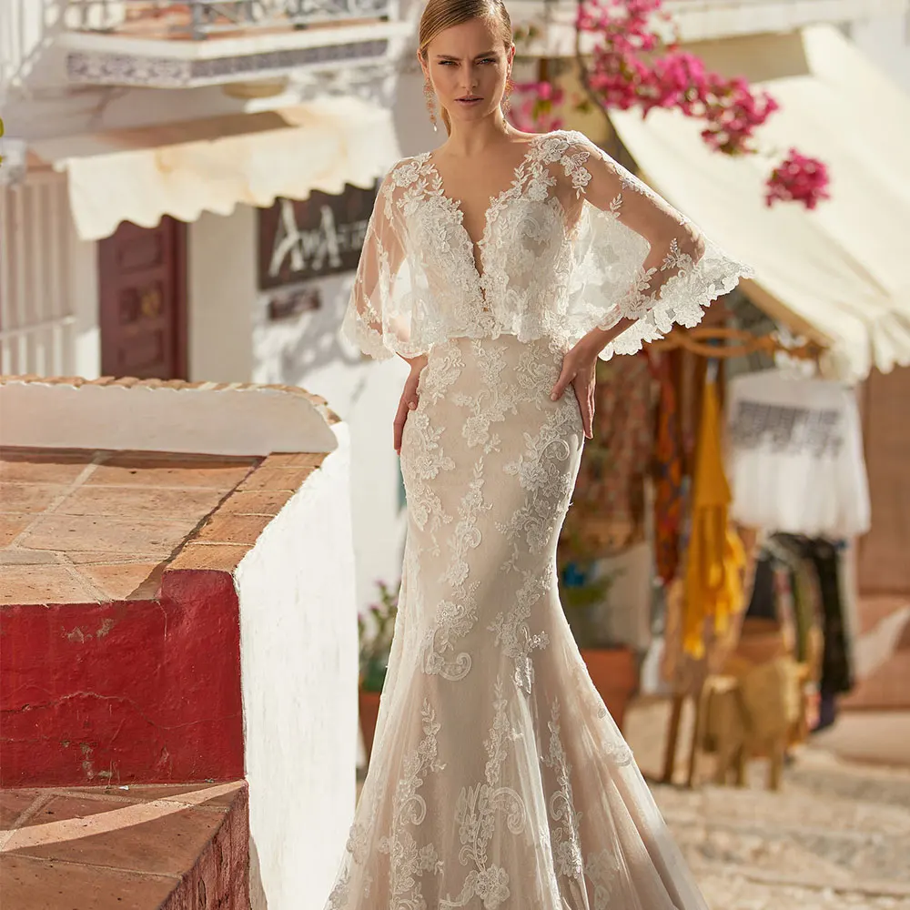 Robe De mariée sirène blanche Sexy, col en v, manches chauve-souris, avec des Appliques en dentelle, dos nu, avec traîne De balayage, été