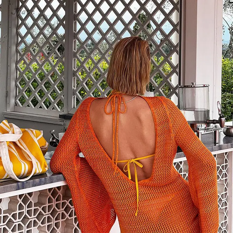 Maglia allentata maniche svasate Sexy Backless Summer Dress Fashion Bikini Hollow Crochet Cover Up per le donne Vacation Sheer Mini Dress