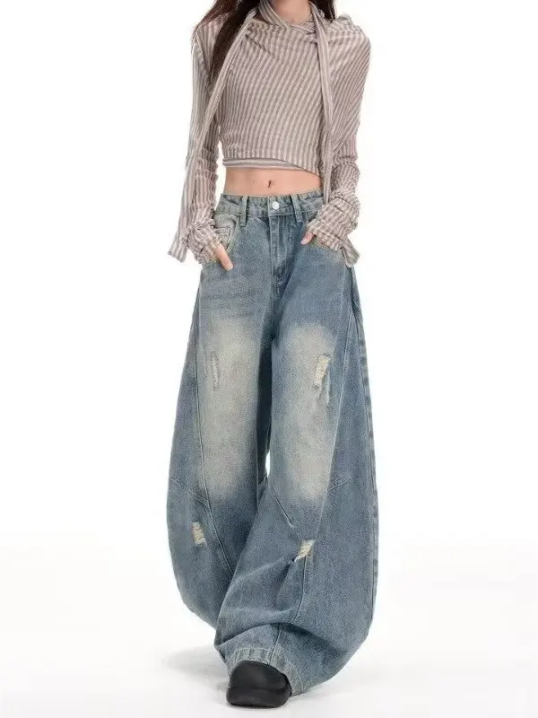 Retro Hole Wide Leg Denim Jeans Women's Spicy Girl Loose Slim Drapey Floor-Length Sexy Knife  Pants Autumn 2026