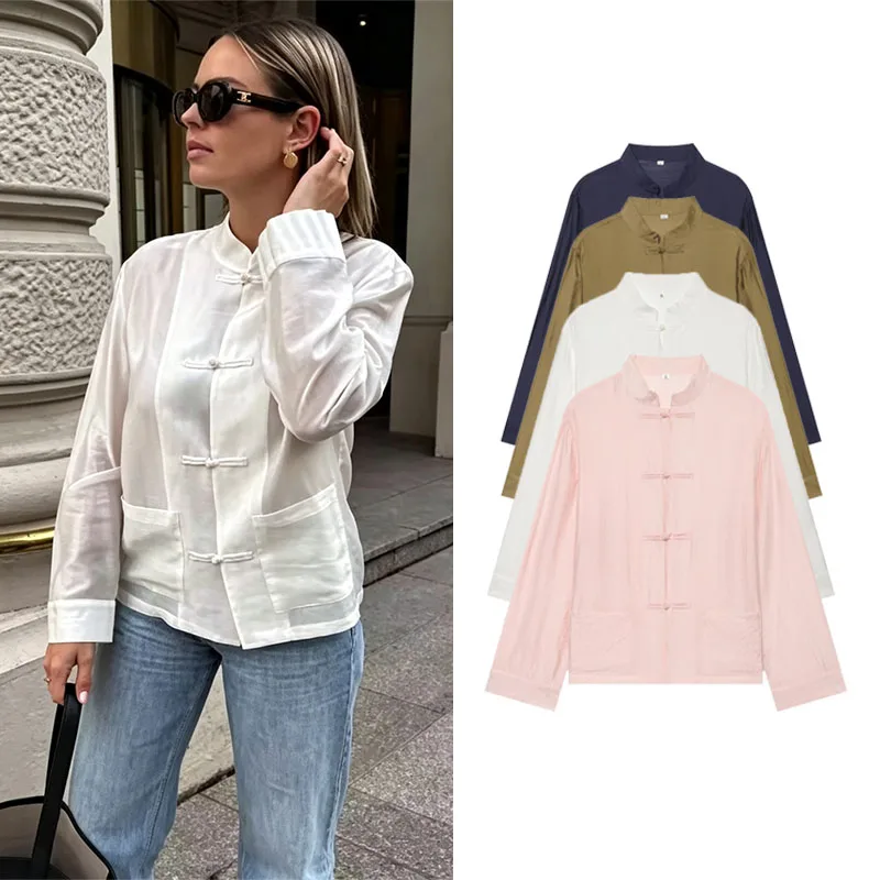 2026 Vintage Chinese Knot Satin Shirt Women's Stand Collar Long Sleeve Shirt Elegant Tang-style Top