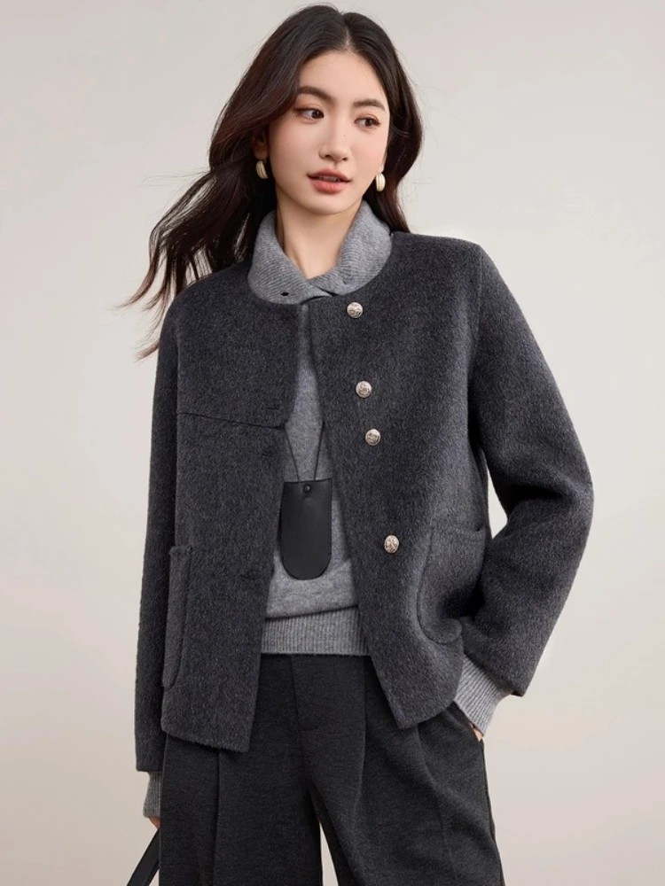 SENTUBILA Women's Wool Coat Double-Faced Wool Round Neck Long-sleeve Short Coats 2025 Winter Loose-Fit Lady Clothing W54OF8763