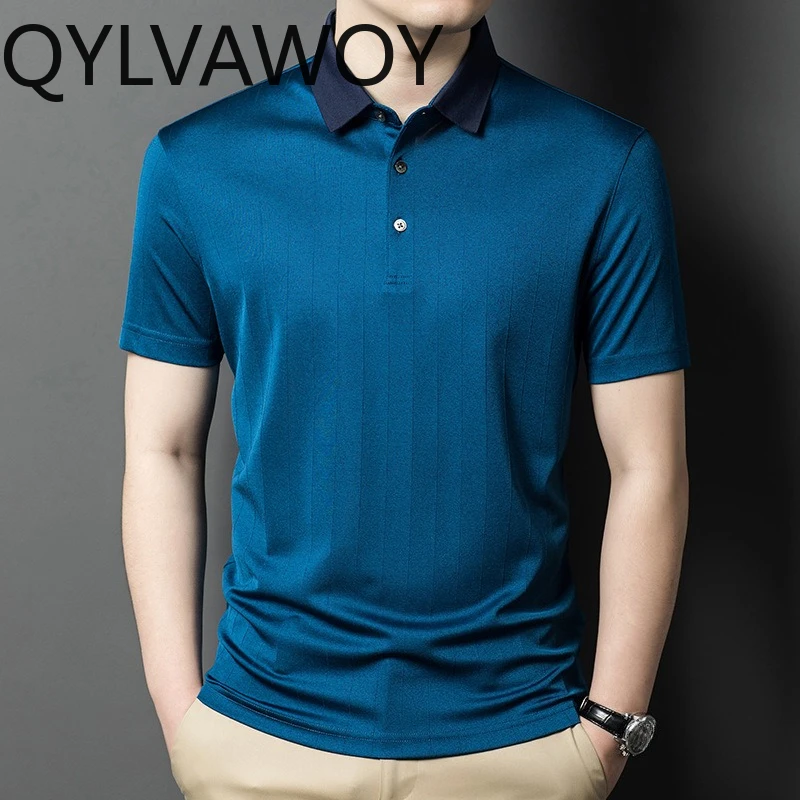 QYLVAWOY Men's Polo Shirts 100% Mulberry Silk T Shirts for Man 2025 New Solid Shirt Short Sleeve Man Clothes Summer Tops Casual