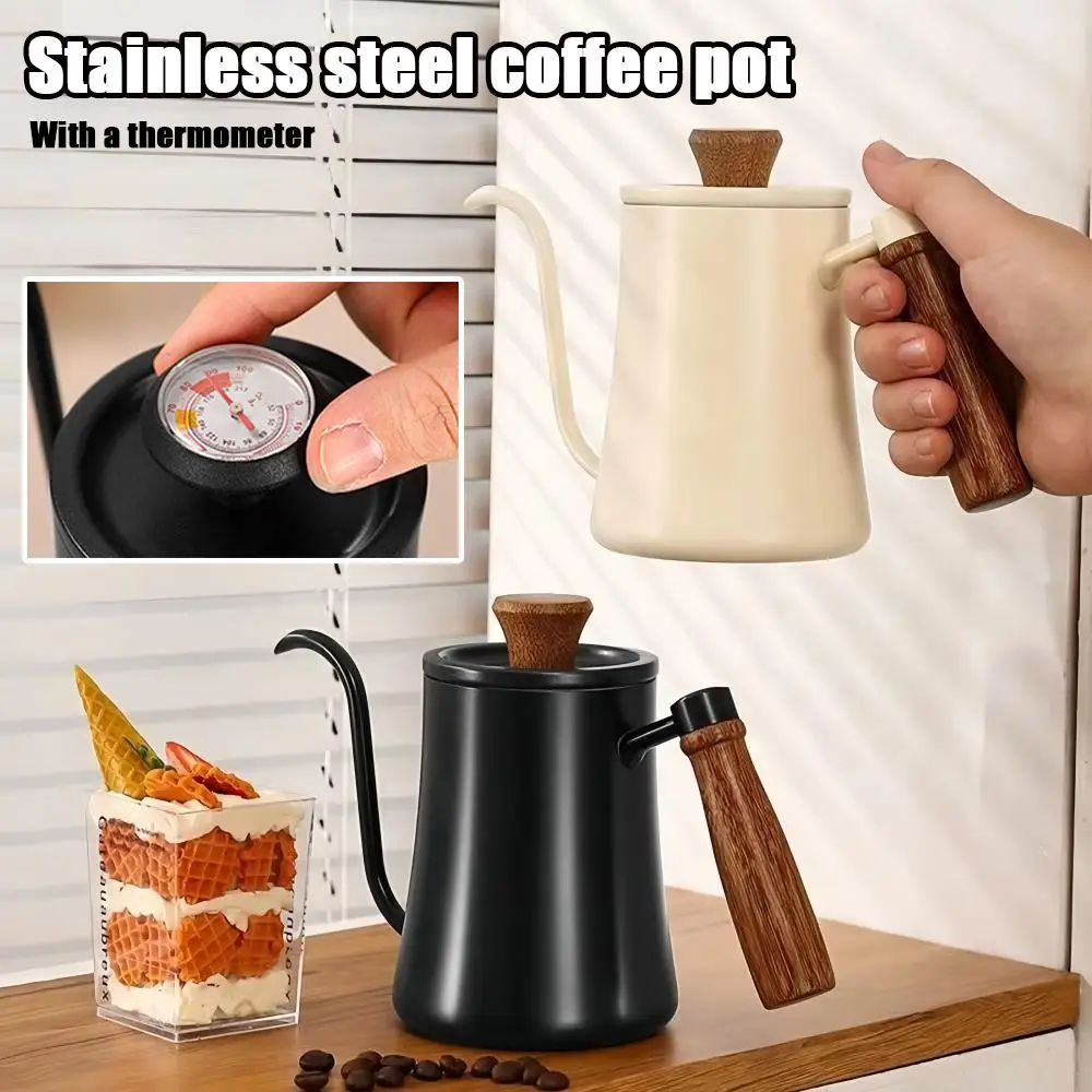 

Stainless Steel Clear Scale Coffee Utensils With Lid Thermometer Coffee Pot 500ML Wood Handle Family Coffee Pot with Thermometer