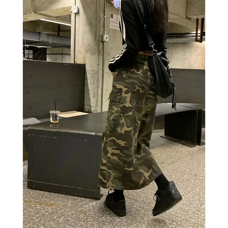 Korean Green Camo Print Long Skirt Women Loose High Waist Big Pocket Demin Skirts Streetwear Y2K Cargo Skirts Summer Falda Mujer