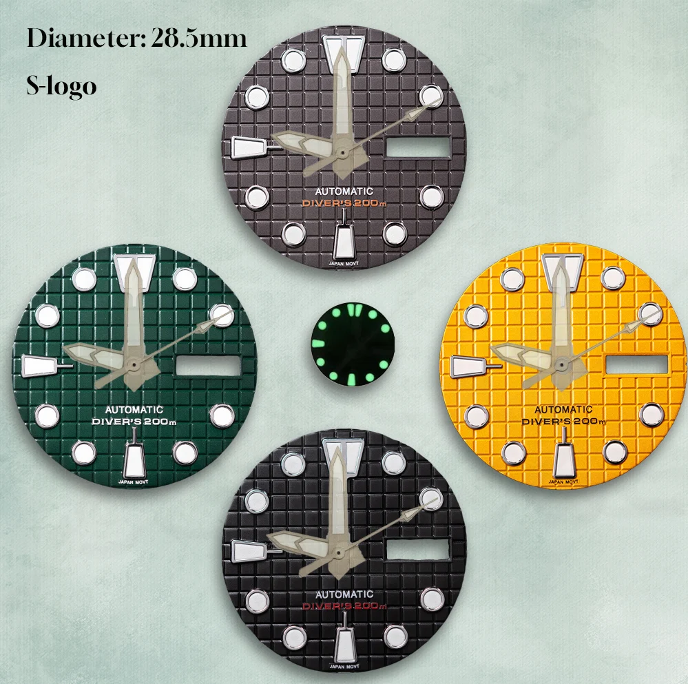 

Retro Sport Mod: 28.5mm Waffle Dial for NH36/4R36 | C3 Green Luminous, S Logo | High-Quality Watch Modification Accessories