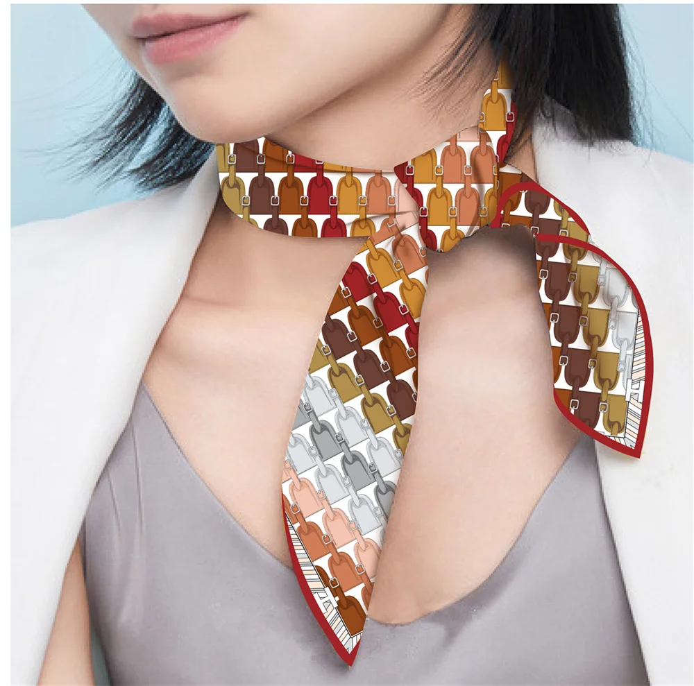 Twill Silk Scarf Woman Geometric Painting Square Scarves Wraps Bandana Small Hijab Silk Foulards Tie Headband Neckerchief 53CM