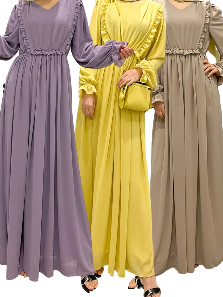 

Ramadan Eid Chiffon Abaya Dress for Women Jalabiya Dubai Turkey Islam Muslim Dress Djellaba Robe Femme Musulmane Longue Caftan