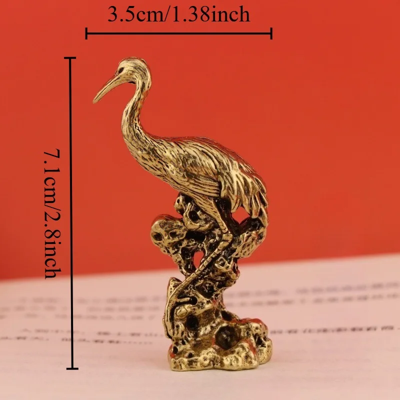 Antique Brass Red-crowned Crane Figurine Retro Bird Statue Desktop Ornament Home Table Decor Vintage Craft Collectible Gift