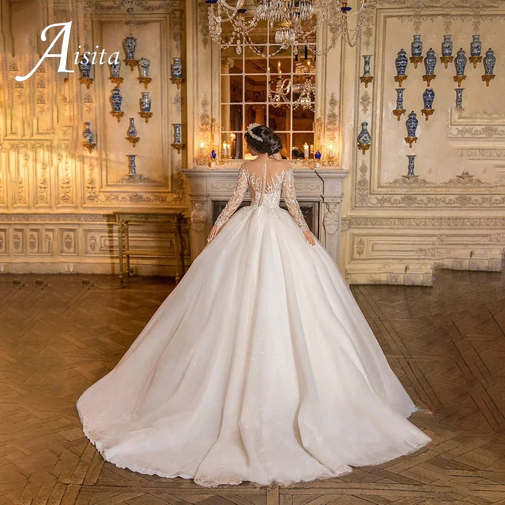 Customized Exquisite Wedding Dress Sheer O-Neck Lace Beaded Applique Illusion Long Sleeves A-Line Bride Dress Vestidos De Noiva image 2