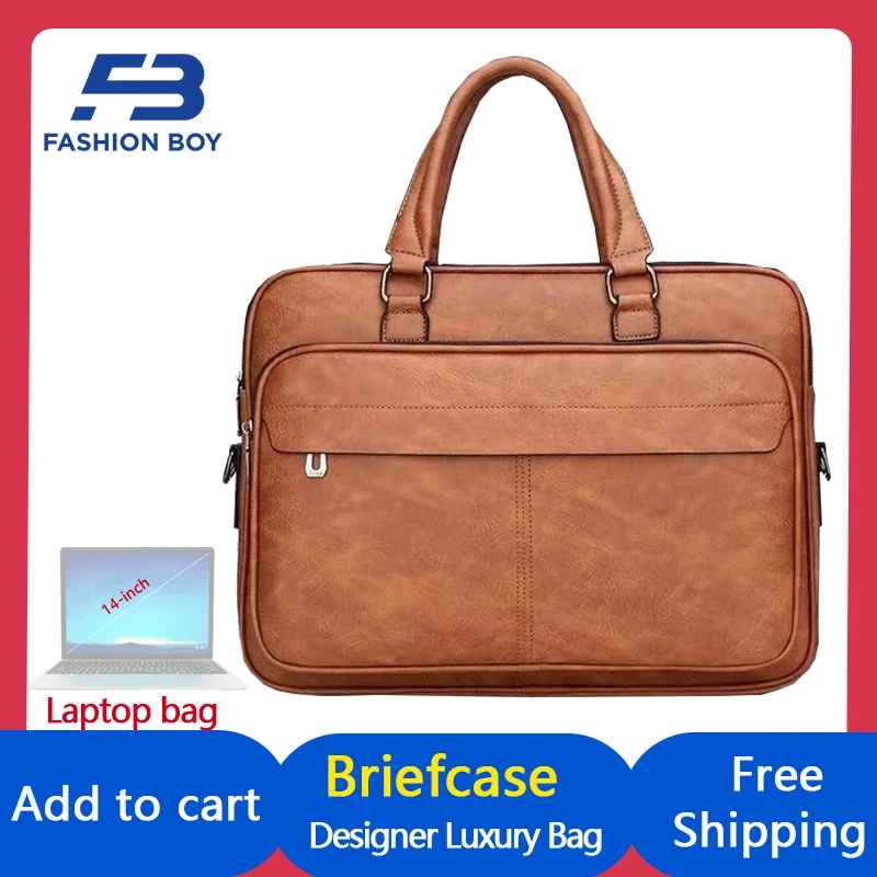 

[FASHION BOY] Luxury Designer Brand Briefcase 14-inch Laptop Bags Leather Handbag Men