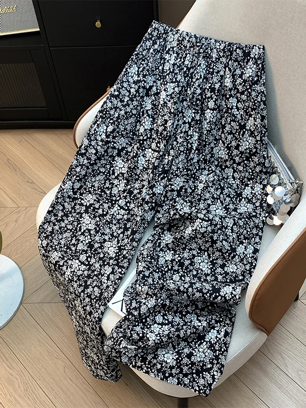 Retro Floral Wide Leg Pants Women's High Waist Draped Slim Straight Casual Trousers Stylish Youthful Long Pants Vacation Style