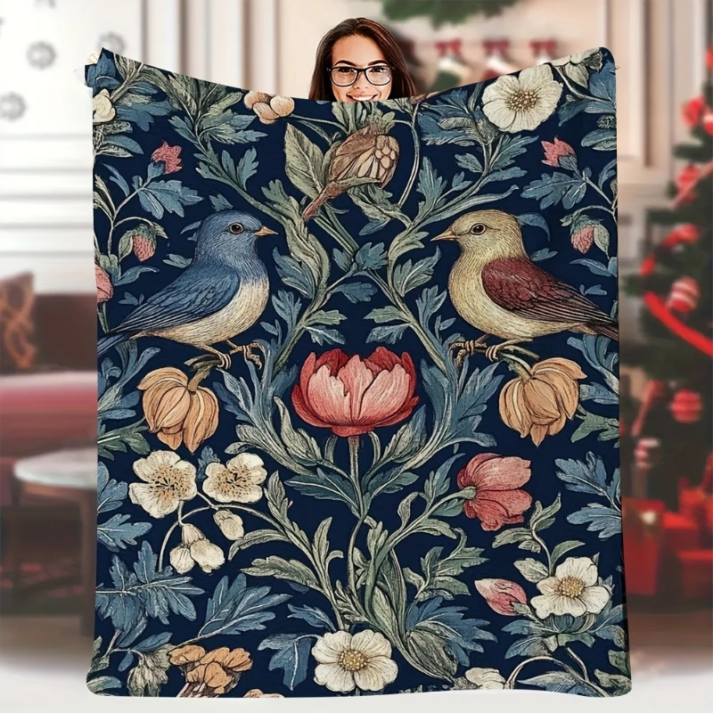 William Morris Bird Floral Navy Background Throw Blanket,Soft Couch,Bed Lap Cover,Travel Wrap,Home Casual Comfort Gesture