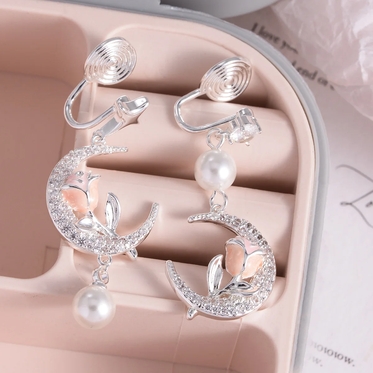 925 Sterling Silver Asymmetric Star & Moon Clip-on Earrings - Romantic Pearl Zircon Fringe Earrings Birthday Gift for Her