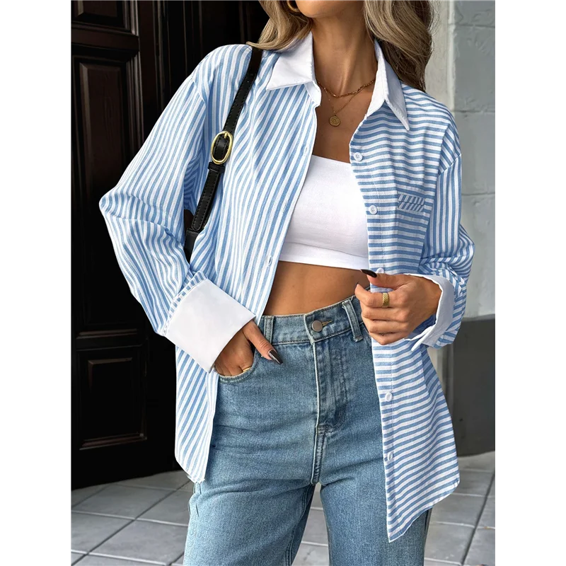 ABP-Camisa con botones a rayas para mujer, blusa informal de manga larga
