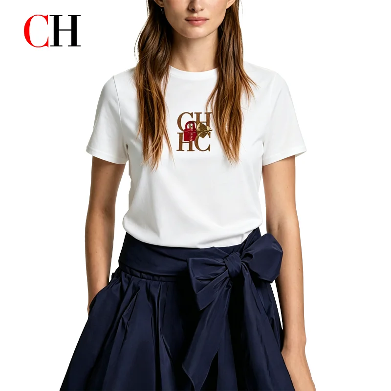 CH Women's Crew Neck T Shirt Lock Letter Embroidery Short Sleeve Soft Cotton Slim Daily Wear Casual Fashion Tops