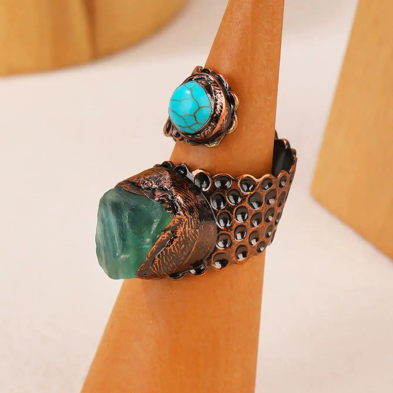 YEEVAA Green Fluorite Stone Turquoise Adjustable Ring Healing Crystal Gemstone Bronze Plated Double-headed Handmade Jewelry