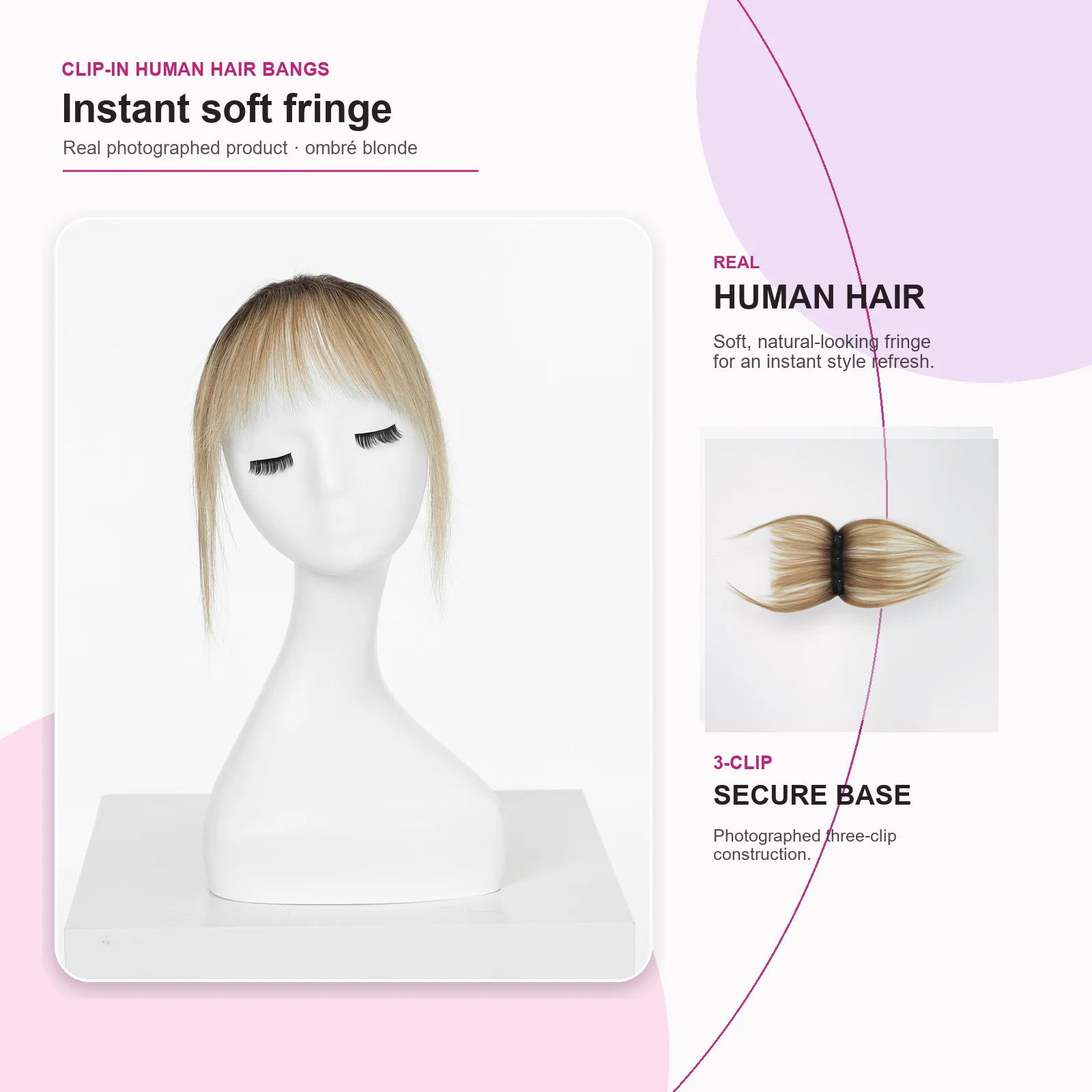 100% Human Hair Clip in Bangs Ombre Blonde Wispy French Fringe Extensions with Temples 3 Anti-Slip Clips Hairpiece for Woman