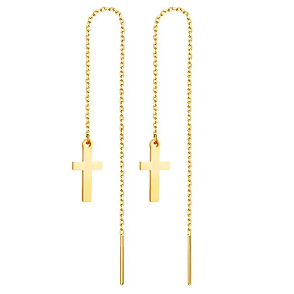 Koreanische lange Ohrring weibliche Gold Silber Farbe Edelstahl Kreuz Charm Anhänger Kette Ohrringe für Frauen Modeschmuck