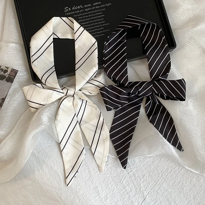 Summer new striped silk scarf long strip high-end headscarf headband tied hair streamer wrapped bag multi-purpose scarf belt