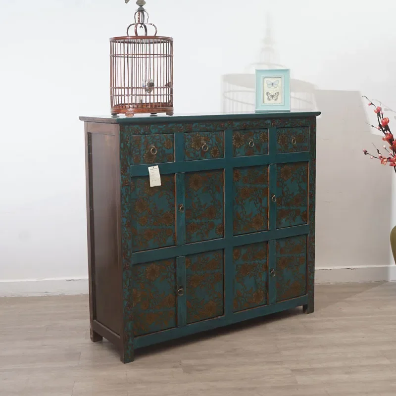 for New Chinese Style Solid Wood Retro Dining Side Cabinet Foyer Porch Storage Locker with 3D Pattern Fully Packaged Home