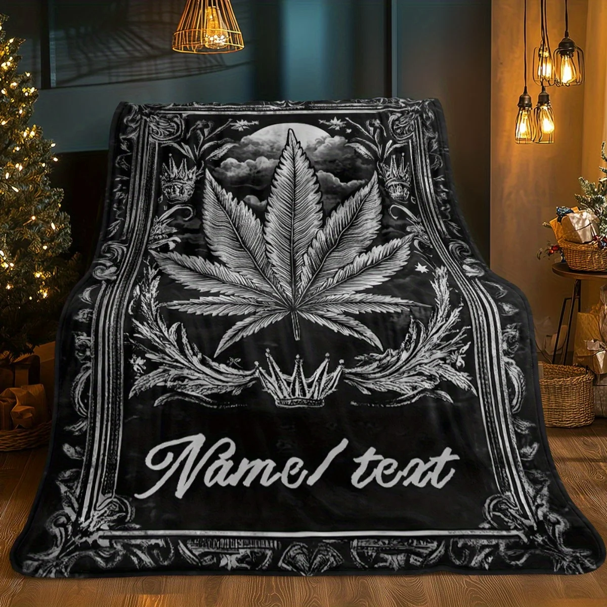 Personalized Cannabis Blanket Name Leaf Art Soft Fleece Throw Stoner Gift Home Decor Weed Theme
