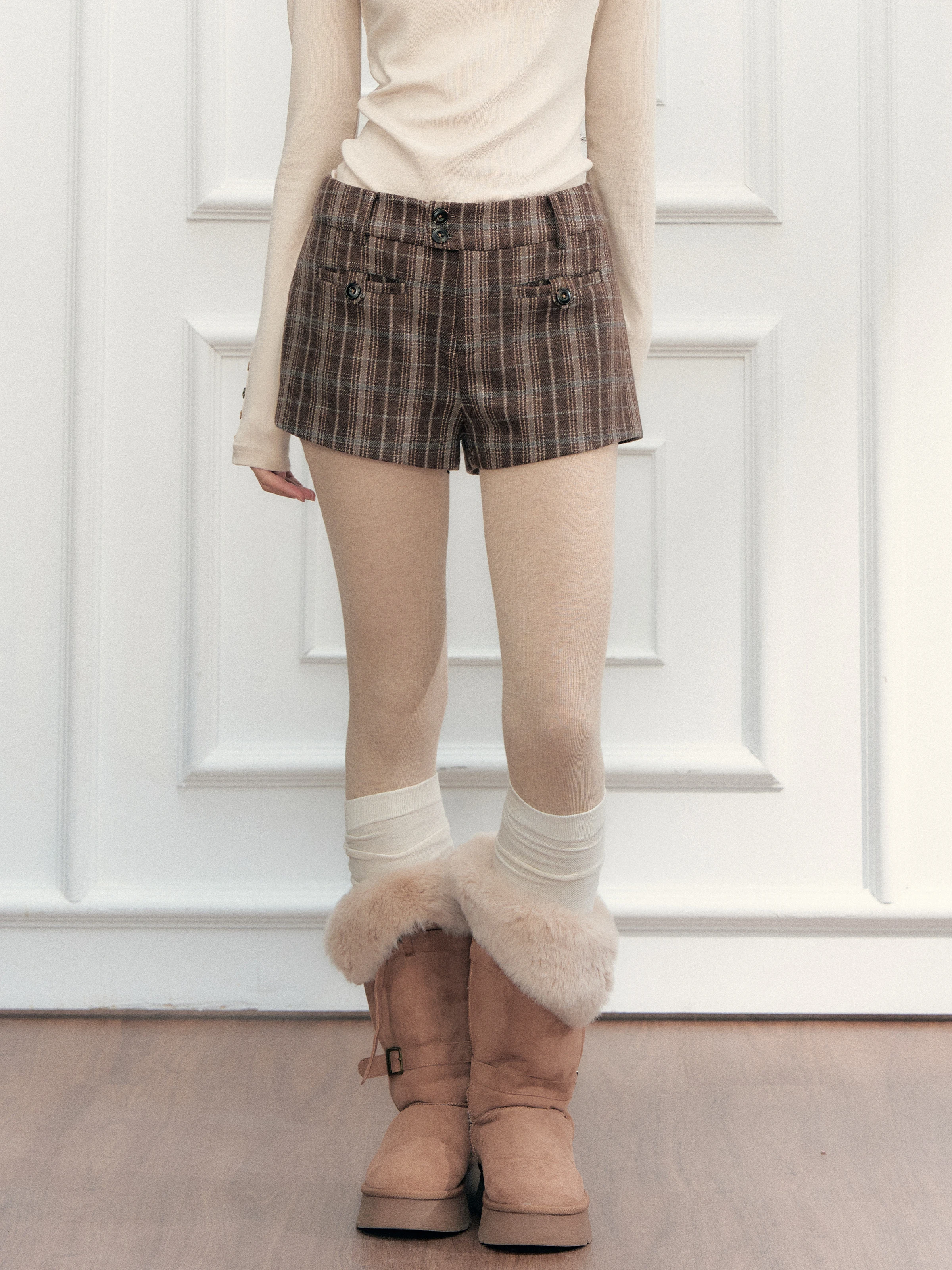 Classic Retro Plaid Woolen Short Pants Straight Casual Trousers Fragile Heart Shop Autumn Winter Versatile High Waist Zipper ...