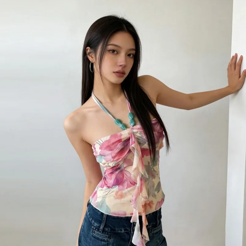 2026 Summer Fashion New Women's Elegant Design Printed Strap Top Hanging Neck and Bareback Ruffle Edge Float Top