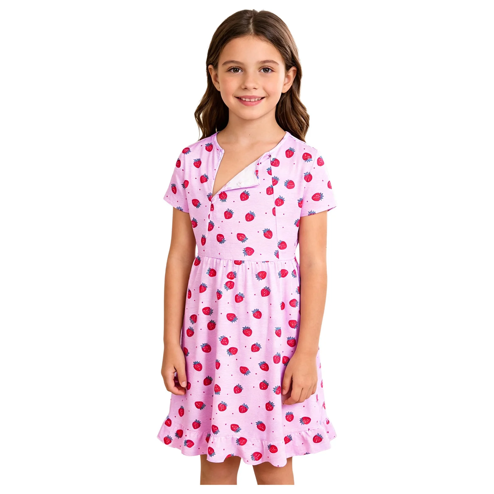 Kids Girls Short Sleeve Chest Treatment Nursing Dress Print Zippers Special Needs Adaptive Gown Homewear Sleepwear Daily Wear