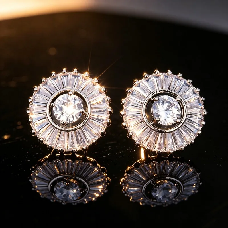 Cross-border light luxury high-end copper inlaid zircon stud earrings, fashionable and simple round sunflower super flash