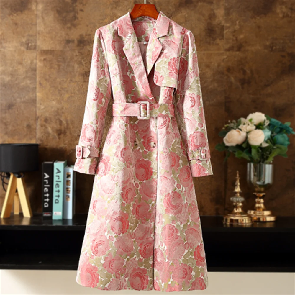 

Jacquard trench coat women's long belt flower printed trench coat