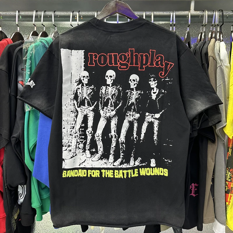 

Real Photos High Quality Cotton ROUGHPLAY Tshirts American Hip-hop Streetwear Men Women Rough Play Short Sleeve Do Old Tops