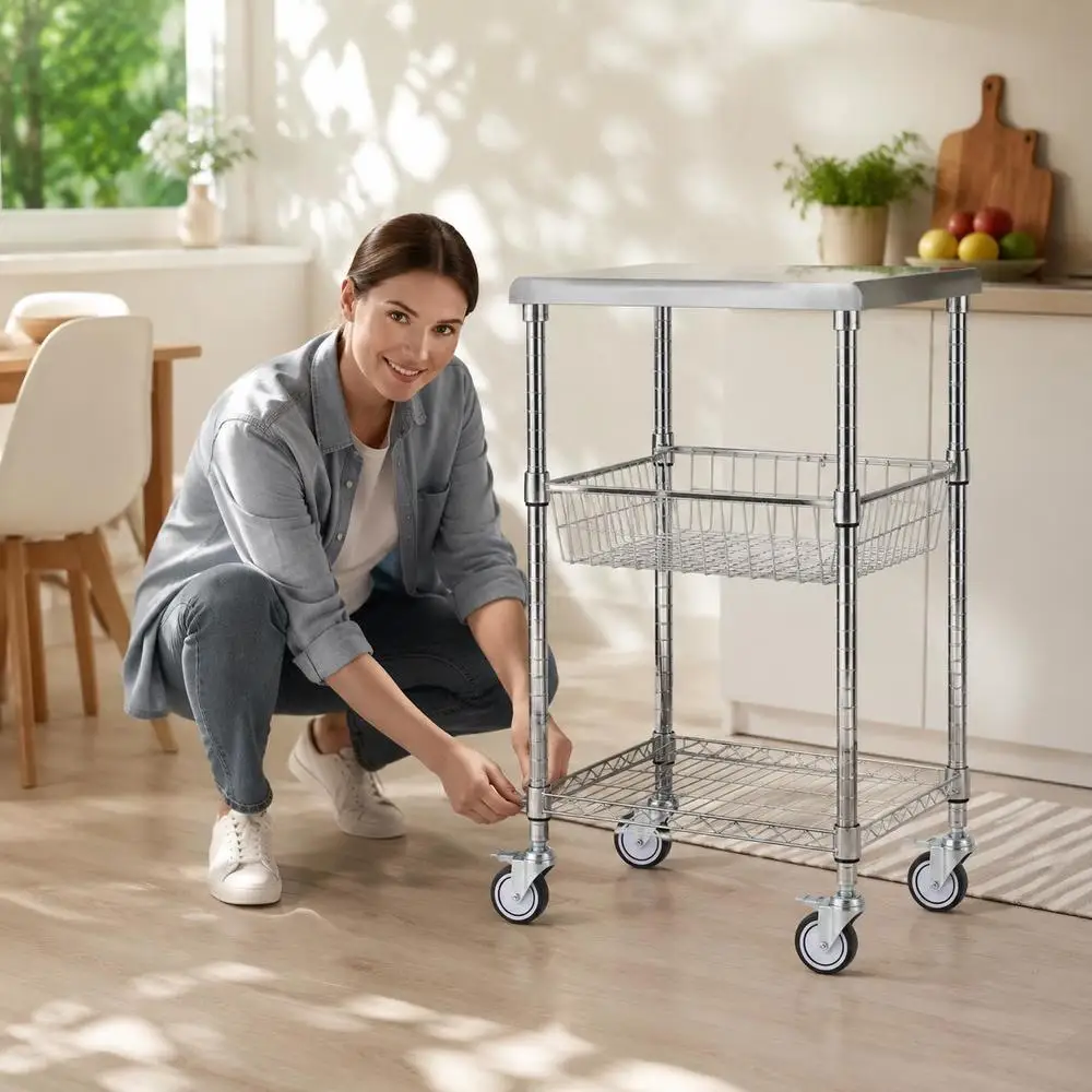 Chariot de cuisine en acier inoxydable, chariot de service à 3 niveaux avec capacité de 213,2 kg, chariot de laboratoire, chariot de rangement, chariot de transport, chariot de stockage avec panier encastré et 6 crochets, pour usage intérieur et extérieur