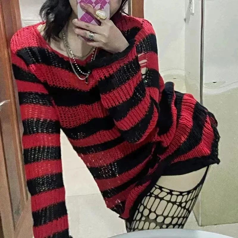 ZMZBCH Sexy Hollow Out Striped Long Sweaters Punk Gothic Cool Hole Broken Jumpers Over Size Loose Rock Dark  Pullovers Sweaters