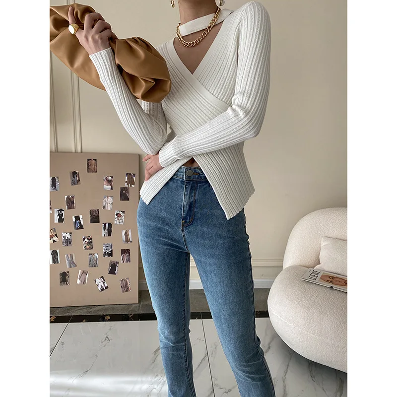 2024 Women Spring Halter Neck Sweater Slim Stretch Sexy Pullovers Long Sleeve Good Quality Women Fashion Sweater Tops